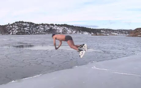 jump on the thin sea ice , Sandefjord in Norway